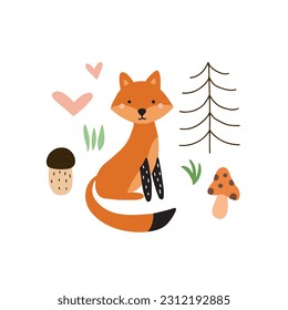 Cute fox in the forest. T-shirt graphics for kids vector illustration. Scandinavian design. Fir forest and fox.