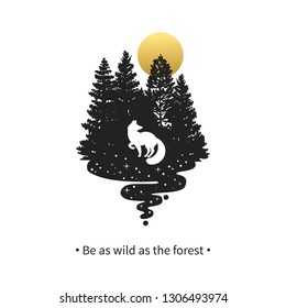 Cute fox in the forest. Vector hand drawn illustration