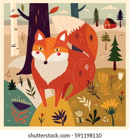 Cute fox in forest. Vector illustration