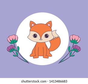 cute fox in frame circular with flowers