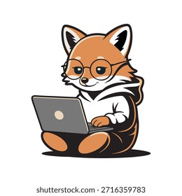 Freelancer de Fox bonito trabalhando em laptop - Ilustração de vetor de desenhos animados