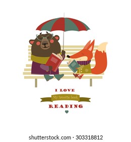 Cute Fox And Funny Bear Reading Books On Bench. Vector Isolated Illustration