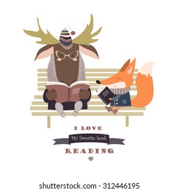 Cute Fox And Funny Elk Reading Books On Bench. Vector Isolated Illustration