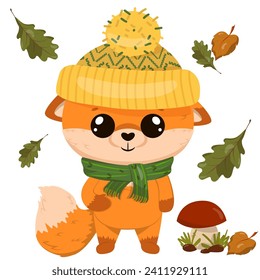 Cute fox in a funny hat and scarf. The fox is standing. Fungus in the grass with a leaf. Falling leaves. Vector illustration of drawings, prints and patterns.