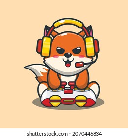 Cute fox gaming. Cute animal cartoon illustration. 