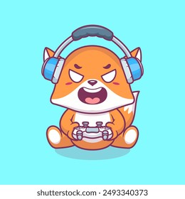 Cute fox gaming cartoon vector icon illustration. Animal technology icon concept isolated