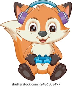 Cute Fox Gaming With Headphone And Console. Animal Gaming Icon Concept Isolated Premium Vector. Vector Illustration