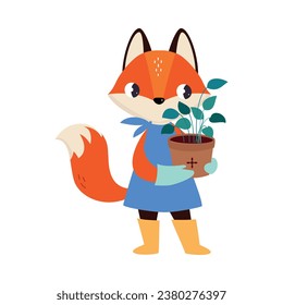 Cute Fox Gardener in Apron Holding Houseplant in Pot Vector Illustration