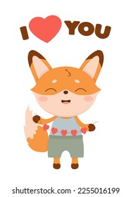 Cute fox with a garland with hearts. Greeting card with the inscription - I love you. Valentine's day card.