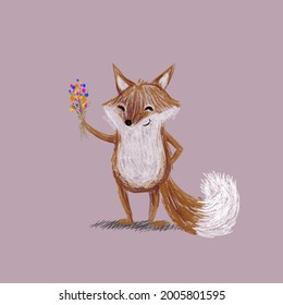 Cute fox get a flower character,icon vector illustration.