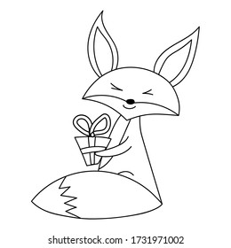 Cute fox with a gift, hand-drawn in doodle style. Monochrome vector illustration, coloring book page.