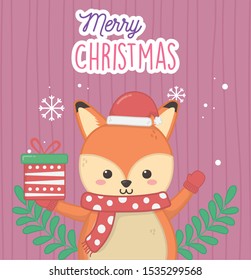 cute fox with gift and scarf branches merry christmas vector illustration