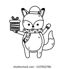 cute fox with gift and scarf merry christmas vector illustration thick line