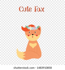 Cute fox with ginger forelock in flower wreath sitting isolated on transparent background, sweet animal for baby design. Cartoon flat vector hand drawn illustration, scandinavian style, clip art, icon