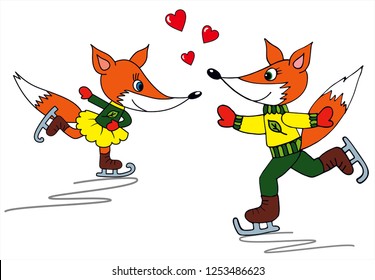 Cute fox girl and a fox boy are ice skating. Colored vector for card or gift. 