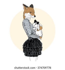 cute fox girl with bunny, furry art illustration, fashion animals