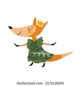 Cute fox girl in a dress and crown. Funny woodland animal is princess,.  Sweet cartoon character in scandinavian style. Hand drawn vector illustration, isolated. Flat design. Idea for kids print 