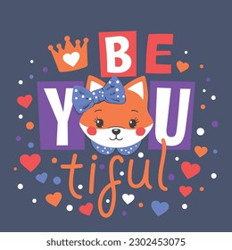 Cute fox girl face, Beautiful slogan text on dark background for t-shirt graphics, fashion prints, slogan tees and other uses