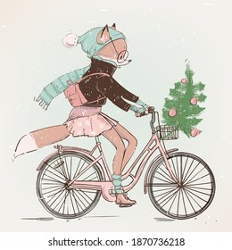 cute fox girl on the bike with christmas tree