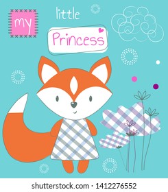 Cute Fox girl on delicate background with flowers. Children's printing for children, poster, children's clothing, postcard. Vector illustration.