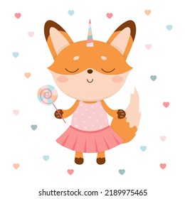 Cute fox girl, in a pink dress, foxicorn, with a unicorn horn and a lollipop.