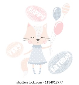 Cute fox girl print. Sweet animal baby with balloons. Fashion child vector. Very happy birthday slogan. Cool scandinavian illustration for t-shirt, kids apparel, invitation, simple children design