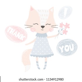 Cute fox girl print. Sweet animal baby with bouquet of flowers. Fashion child vector. Thank you slogan. Cool scandinavian illustration for t-shirt, kids apparel, invitation, simple children design