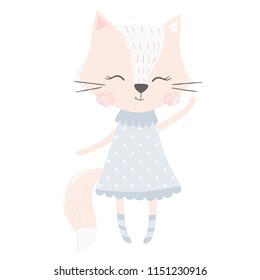Cute fox girl print. Sweet animal baby waves her hand. Fashion child vector. Cool scandinavian illustration for t-shirt, kids apparel, invitation, simple children design