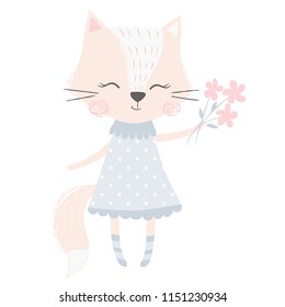 Cute fox girl print. Sweet animal baby with bouquet of flowers. Fashion child vector. Cool scandinavian illustration for t-shirt, kids apparel, invitation, simple children design