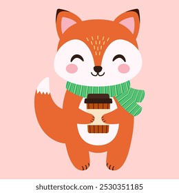 Cute fox and a glass of coffee. Vector flat illustration.