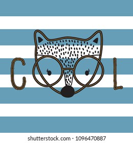 cute fox with glasses on striped background vector illustration, T-shirt graphics design