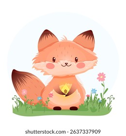 Cute fox with glowing crystal in meadow