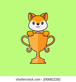 Cute fox with gold trophy. Animal cartoon concept isolated. Can used for t-shirt, greeting card, invitation card or mascot.