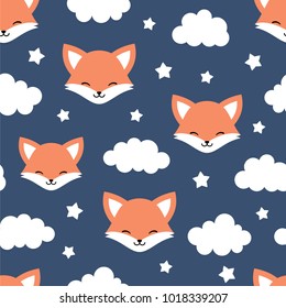 Cute Fox Good Night Seamless Pattern, Sweet Dream Animal Background with Clouds for Kids