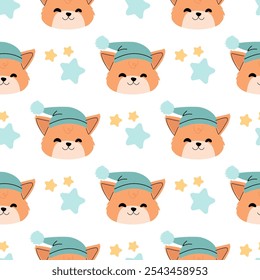 Cute Fox Good Night Seamless Pattern, Sweet Dream Animal Background with stars for Kids