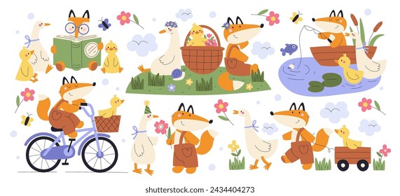 Cute fox and goose animal friends cartoon characters spending fun time together reading fairy tale books, fishing in pond, riding bicycle, walking in floral forest meadow vector illustration