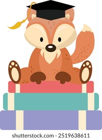 Cute fox with graduation cap sitting on top of books