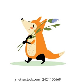 Lindo zorro con ramas verdes y flores. Divertido animal salvaje en primavera. Personaje de dibujos animados, ilustración vectorial dibujada a mano para niños, diseño plano