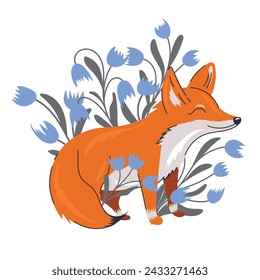 Cute fox with green branches and flowers. Funny wild animal in spring. Cartoon character, hand drawn vector illustration for kids, flat design. blue lillies of the valley