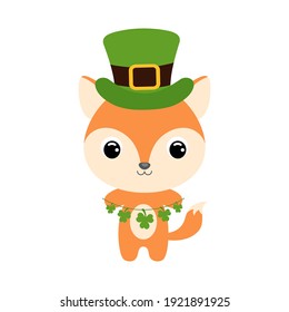 Cute fox in green leprechaun hat. Cartoon sweet animal with clovers. Vector St. Patrick's Day illustration on white background. Irish holiday folklore theme.