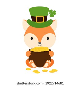 Cute fox in green leprechaun hat with clover holds bowler with gold coins. Cartoon sweet animal. Vector St. Patrick's Day illustration on white background. Irish holiday folklore theme.