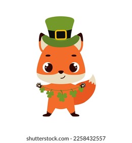 Cute fox in green leprechaun hat with clover. Irish holiday folklore theme. Cartoon design for cards, decor, shirt, invitation. Vector stock illustration.