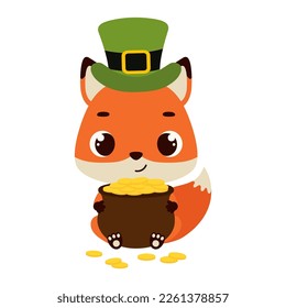 Cute fox in green leprechaun hat holds bowler with gold coins. Irish holiday folklore theme. Cartoon design for cards, decor, shirt, invitation. Vector stock illustration.