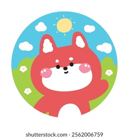 Cute fox greeting jungle background picture screen on brooch pin.Grass,flower,sky,cloud,sun.Wild animal character cartoon design.Kawaii.Vector.Illustration.