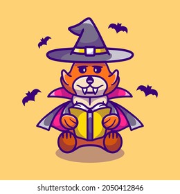 cute fox halloween witch reading a book, suitable for cute animal halloween t-shirts or mascot designs