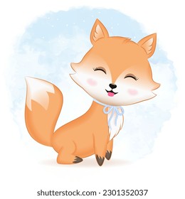 Dibujo de dibujos animados a mano de zorro lindo fondo de color de agua
