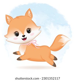 Cute fox hand drawn cartoon illustration watercolor background