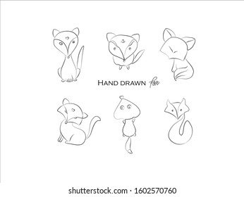 cute fox hand drawn icon vector set line art, Doodle Cartoon Animals in black and white style, Perfect for invitations,greeting cards, prints, posters