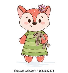 Cute fox in hand drawn style. Little vintage character for children's books, print, textile, fabric, cotton, poster, children. Vector illustration isolated on white background.