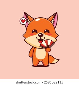 Cute fox with hand fan cartoon vector illustration. vector cartoon illustration suitable for poster, brochure, web, mascot, sticker, logo and icon.